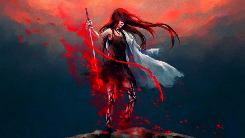 artwork, 2K, NanFe, long hair, sword, windy