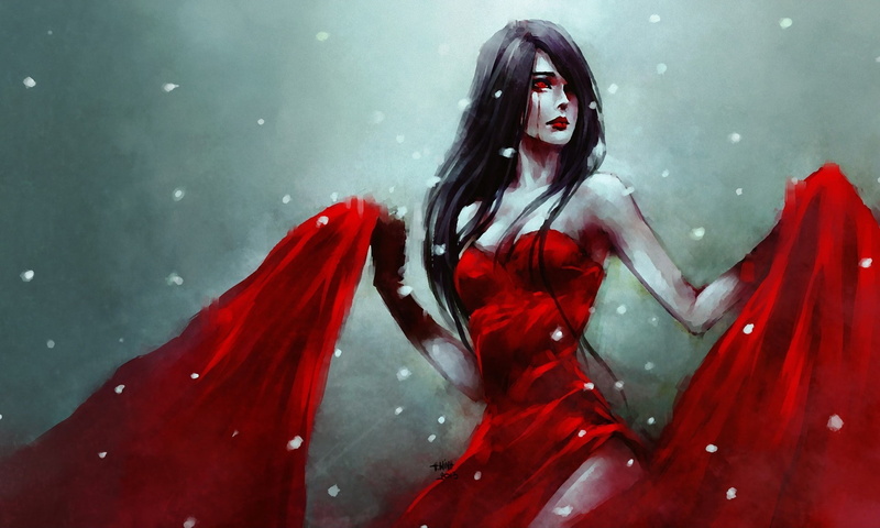 red dress, dress, women, fantasy art, 1080P, artwork, winter, red, eyes, NanFe, brunette