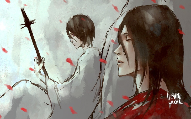 nanfe, petals, rukia, kuchiki, byakuya, robes, flower, swords, fan, siblings, 1080P, artwork, art, bleach