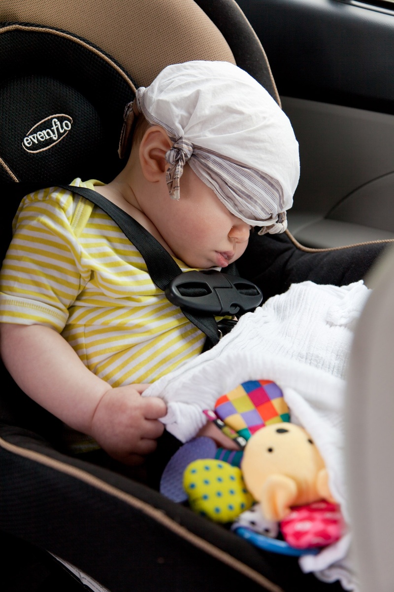 baby, young, sleeping, child, toy, white, females, safety, front view, childhood, handkerchief, booster, wearing, boy, striped, hat, transportation, asleep