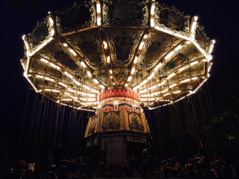 dark, decoration, art, architecture, lights, carousel, lighting equipment, glowing, chain swing ride, sky, festival, people, low angle view, arts culture and entertainment