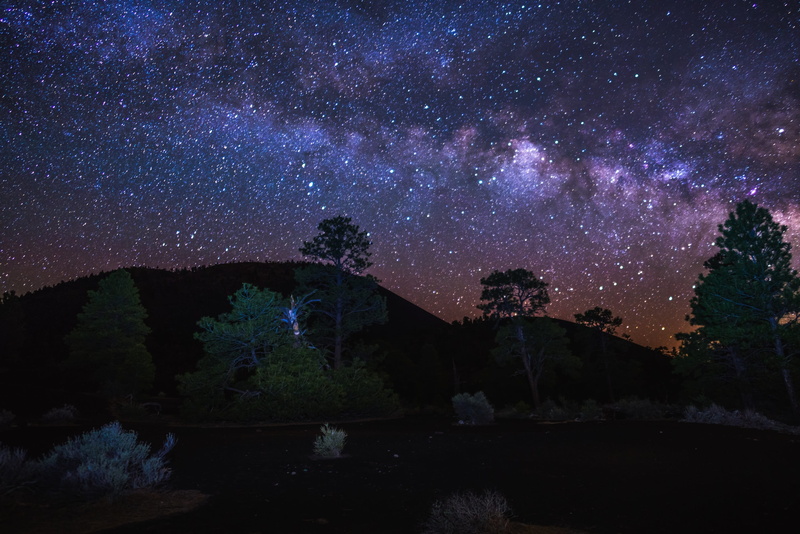 tranquil scene, star - space, astronomy, trees, scenic, sky, galaxy, 2K, usa, trail, landscape, flow, purple, arizona, growth, national forest, national monument