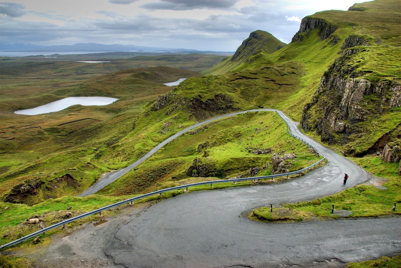 tranquility, transportation, mountain, tourism, landscape, green Color, beauty In Nature, mountains, grass, winding road, blue, nature, road, valley, curve