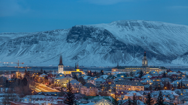 nature, winter, city, reykjavik, mountain, 1080P, evening, iceland, blue hour, snow