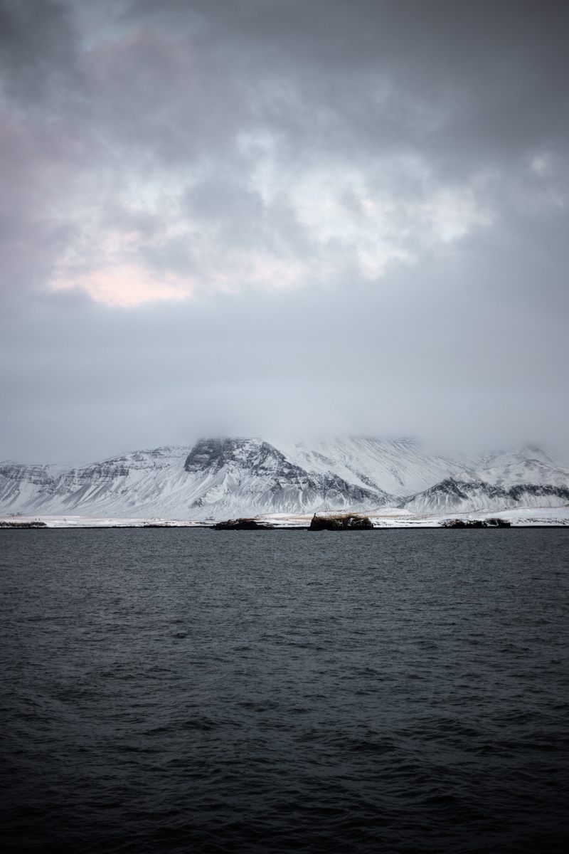 winter, beauty in nature, snowcapped mountain, horizon, cold temperature, landscape, overcast, fog, ice, reykjavik, mountains, iceland, water, sky, environment