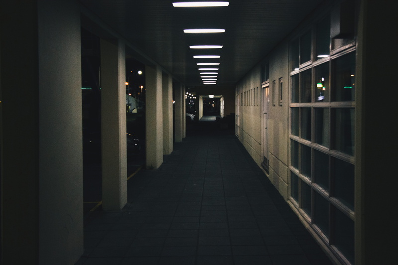absence, building, street, 5K, empty, door, direction, entrance, flooring, light, ceiling, in a row, corridor, indoors, night, reykjavík, electric lamp