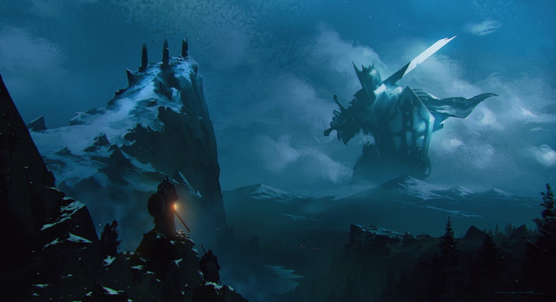 Warrior, Sword, Night, Landscape, Mountain, Fantasy, 1080P, Shield, Giant