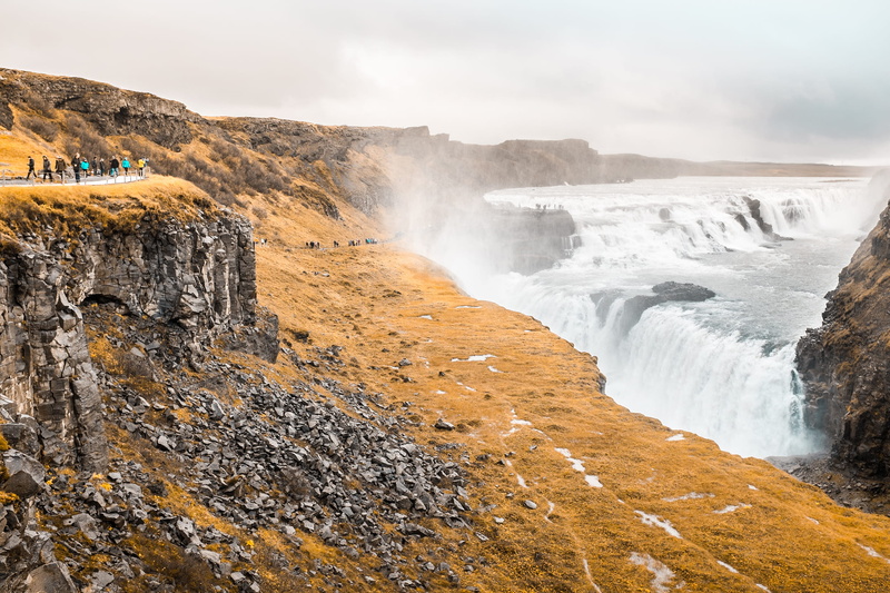 sky, flowing water, gullfossi, rock - object, iceland, motion, flowing, power, no people, scenics - nature, cloud - sky, rock, rock formation, gullfoss