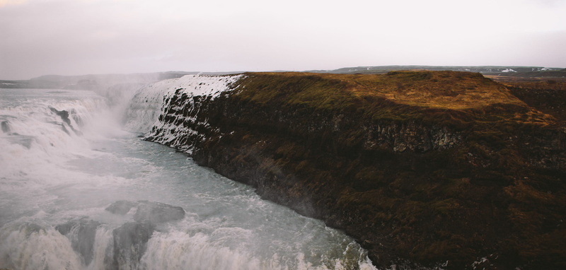 beauty in nature, rock formation, brown, outdoors, no people, iceland, nature, non-urban scene, gullfoss, land, scenics - nature, travel, landscape, sky