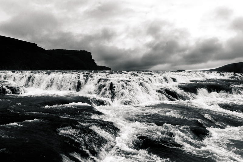 outdoors, 2K, sky, land, sea, black and white, nature, iceland, gullfoss, day, rock - object, flowing, flowing water, no people, motion, power in nature