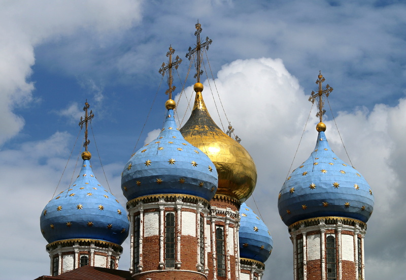 low angle view, dome, church, religion, sky, russia, built structure, blue, day, christianity, gray, no people, spirituality, building, clouds, nature