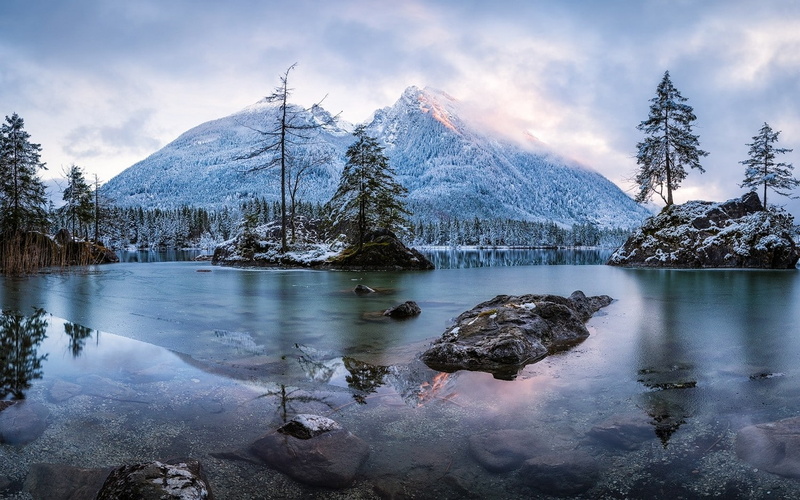 nature, water, mountain peak, frost, snow, 720P, cold temperature, cloud - sky, rock, winter, plant, beauty in nature, mountains, trees, landscape, forest