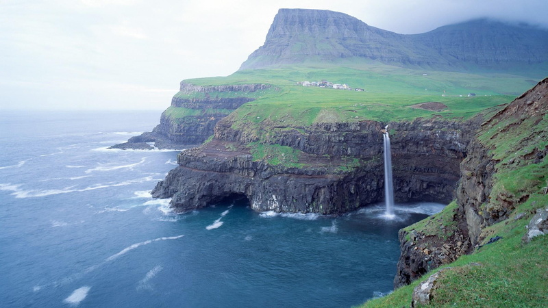 waterfall, tranquility, lagoon, power in nature, faroe islands, sea, mountain, coast, rock formation, no people, tranquil scene, nature, environment, bay