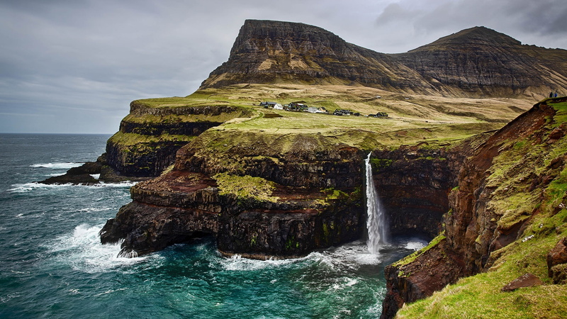 promontory, vagar island, coast, 1080P, mulafossur waterfall, cape, mulafossur, waterfall, water, cliff, ocean, sea, gasadalur, rock, faroe islands