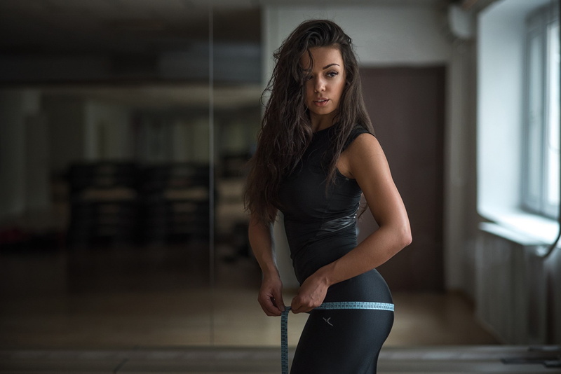 portrait, yoga pants, women, brunette, mirror, black clothing, 1080P