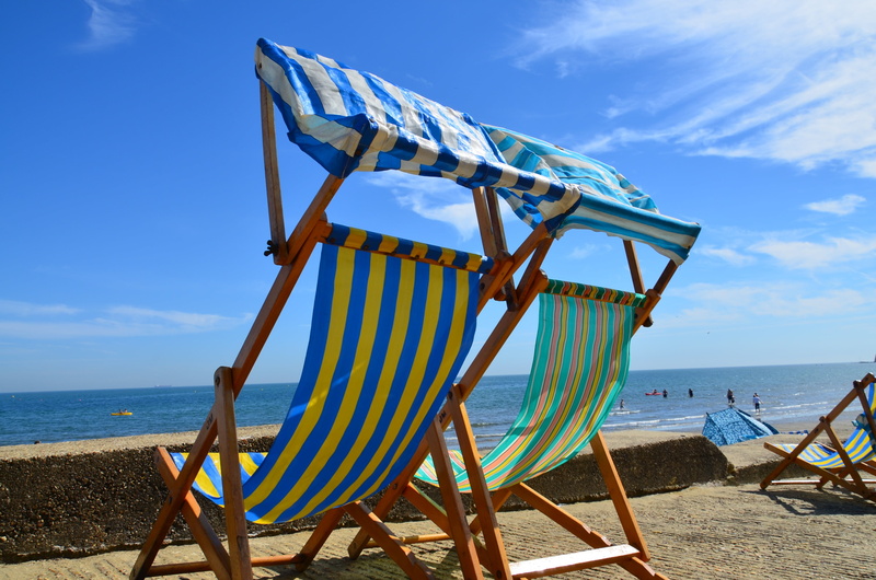 idyll, no people, sea, sunlight, beauty in nature, blue, horizon over water, isle of wight, scenics - nature, chair, nature, seat, horizon, deckchair, tranquility