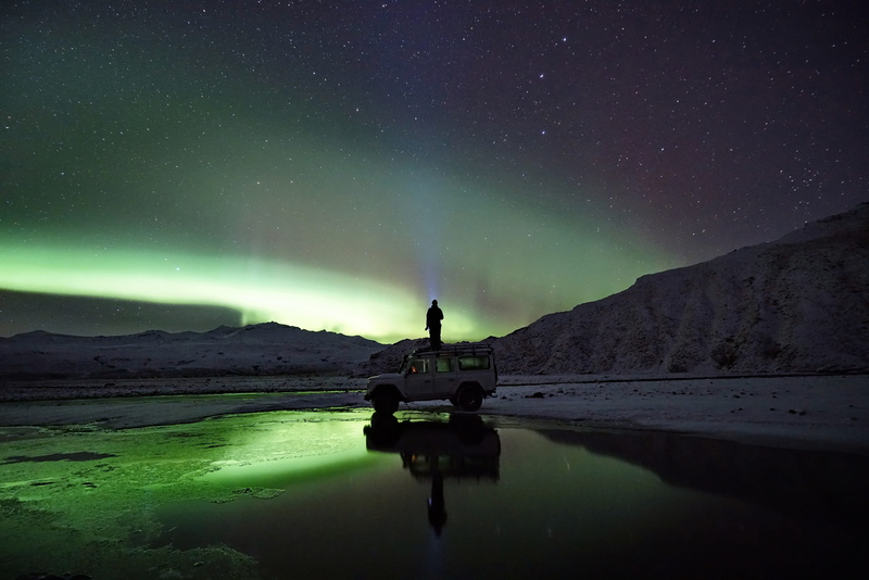 sky, vehicle, silhouette, tranquility, winter, landscape, night, tranquil Scene, aurora, outdoors, reflection, 5K, green, scenics - nature, car, Let it be