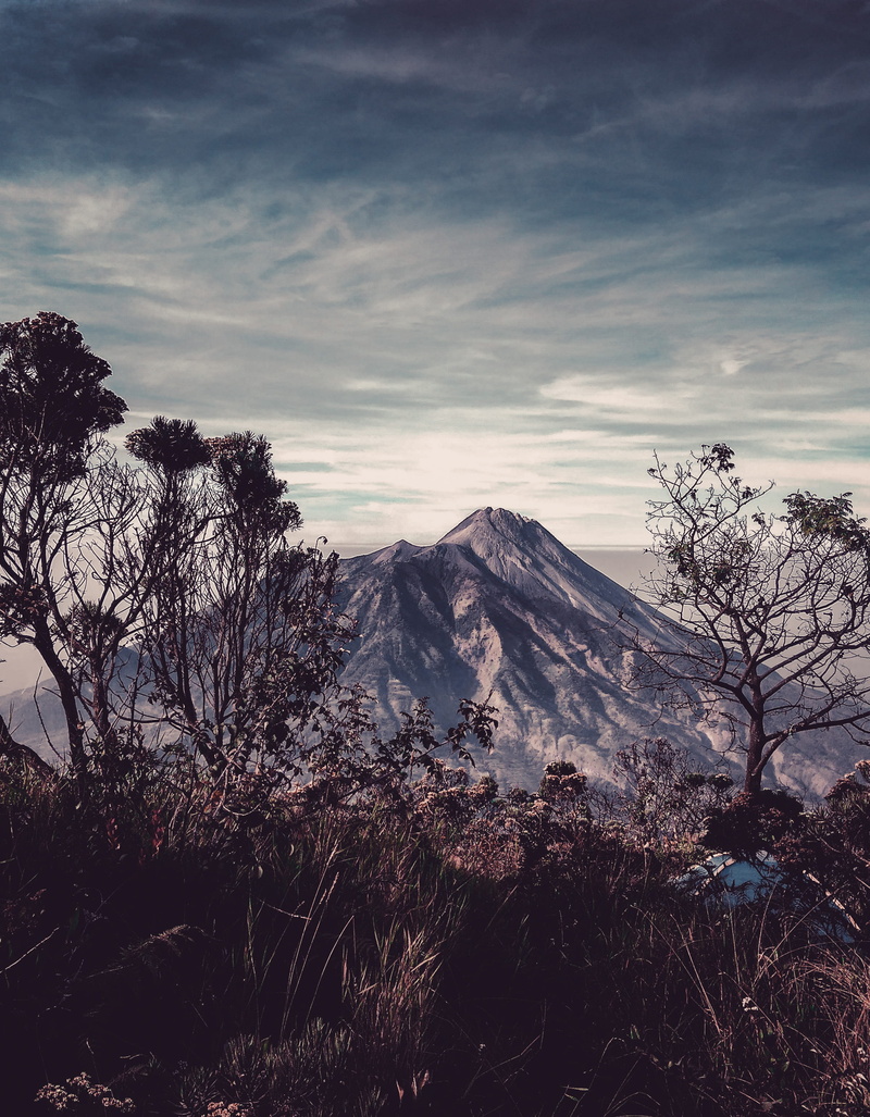 mount, tranquil scene, scenics - nature, mountain range, growth, no people, sky, gray, 2K, merapi, cold temperature, beauty in nature, snow, tranquility
