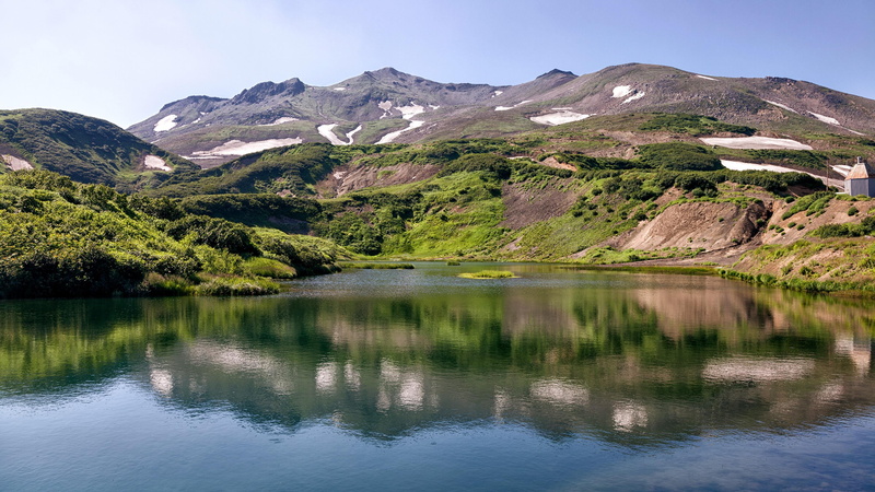 reflection lake, land, landscape, coniferous tree, highland, scenics - nature, tranquil scene, wilderness, outdoors, tree, kamchatka, nature, snowcapped mountain