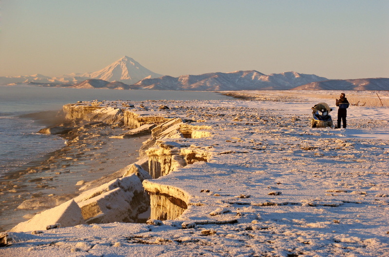 kamchatka, landscape, sunset, volcano, water, mountains, frozen, mountain range, frost, cold, outdoors, ice, stroll, day, beach, animal themes, snow, beauty in nature
