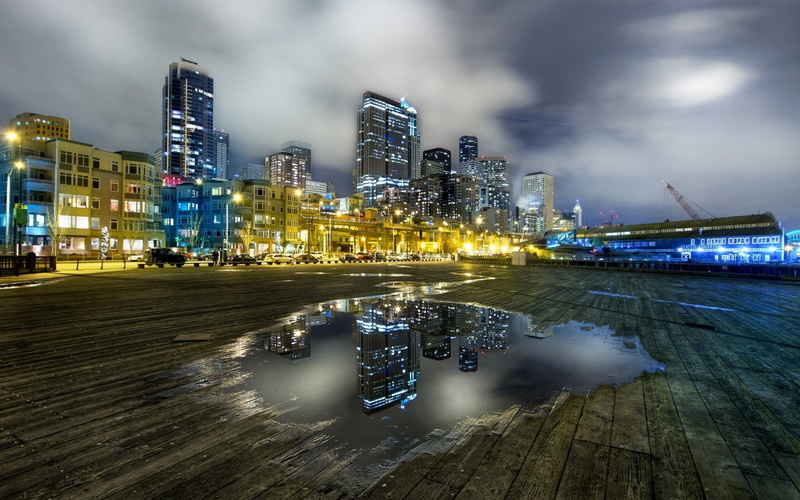 1080P, Cities, Building, Dave Morrow, Seattle, Reflection, City, Night, Skyscraper, Puddle