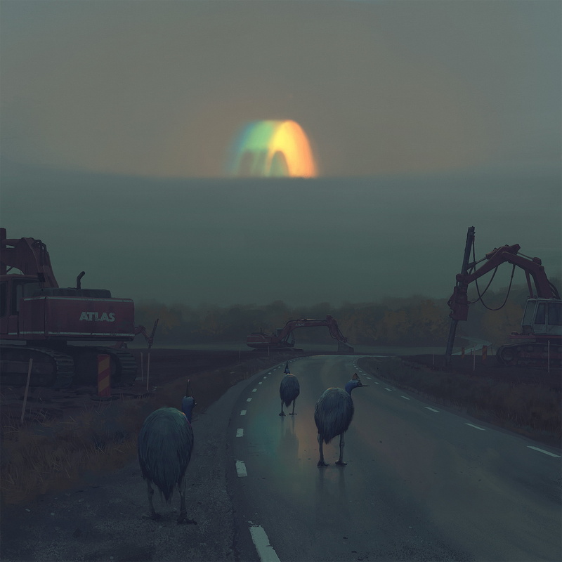 vehicle, road, Simon Stålenhag, digital art, birds, futuristic, artwork, 1080P