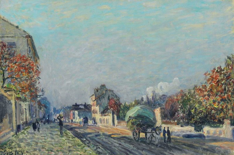 2K, wagon, trees, Street in Marly, Alfred Sisley, landscape, home, picture, the city