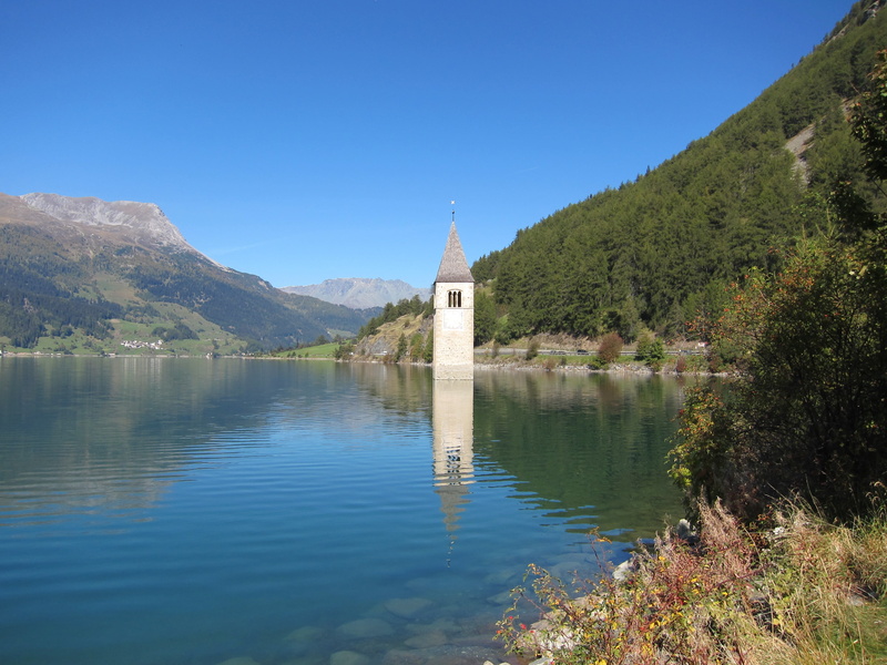 religion, plant, lake, place of worship, scenics - nature, nature, mountain range, water, mountain, reschen pass, outdoors, underwater, 2K, travel destinations