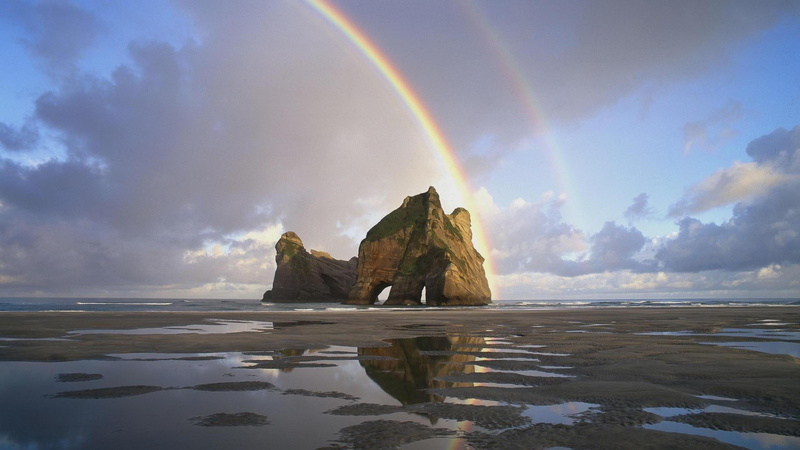 isl, 3d and abstract, water, rainbow, rock, rock formation, new zealand, hd, island, beach, 1080P, ocean, formation, south, coast, browm