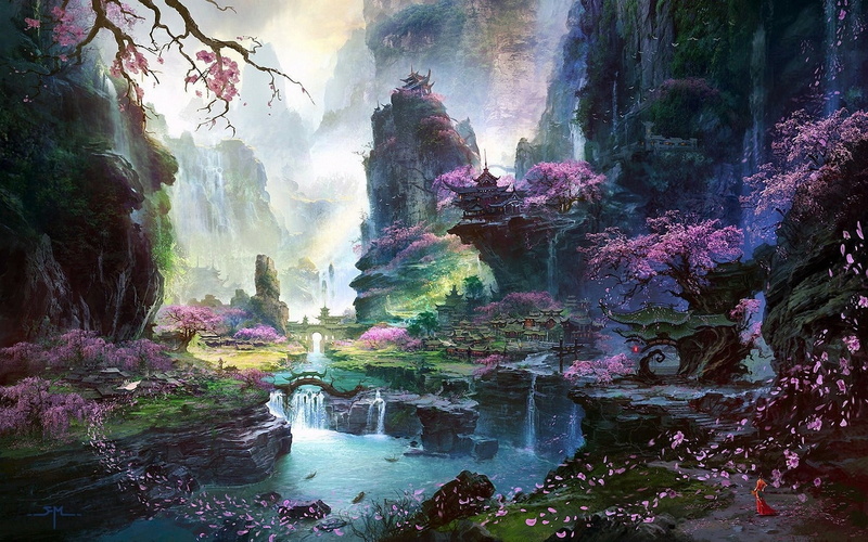 720P, cherry blossom, power in nature, motion, rainforest, long exposure, day, plant, fantasy art, beauty in nature, no people, water, rock formation