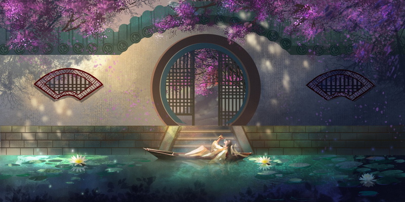 Fantasy, River, Girl, Oriental, Cherry Blossom, 1080P