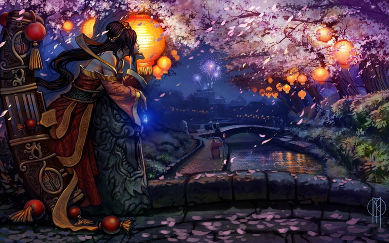 architecture, art and craft, arts culture and entertainment, Girl, nature, Dreams, paintings, celebration, night, flower, city, animal, water, paint, Oriental cherry