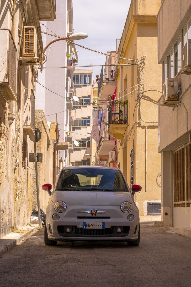 abarth, car, city, built structure, house, no people, residential district, 5K, day, outdoors, trapani, sicily, 500, mode of transportation, nature, motor vehicle