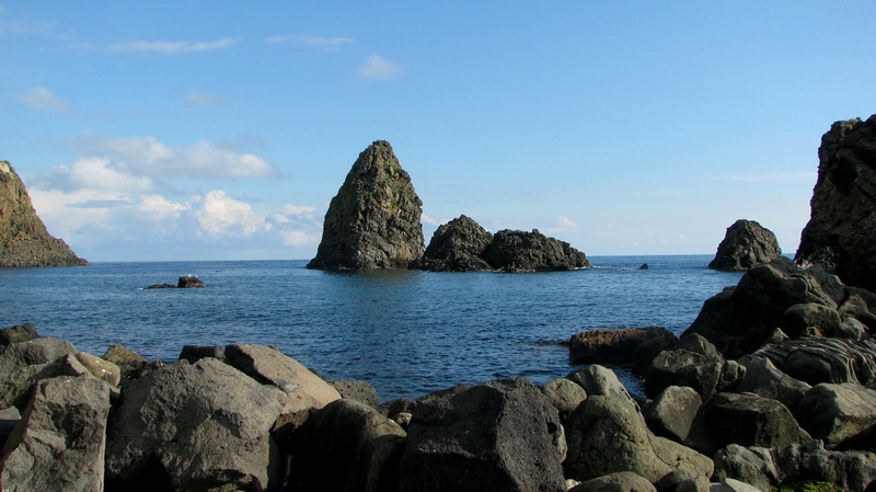 cloud - sky, acitrezza, no people, tranquility, landscape, day, scenics - nature, stack rock, rock, beauty in nature, beach, rocks, costa, nature, etna
