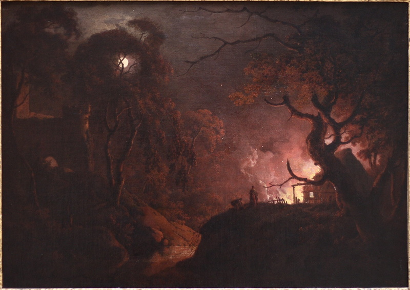 dark, classic art, burning, outdoors, heat - temperature, smoke - physical structure, Joseph Wright, night, event, flame, no people, tree, textured, fire - natural phenomenon