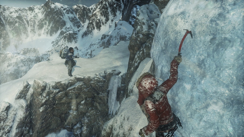 Rise of the Tomb Raider, looking into the distance, Lara Croft, climbing, snow, winter, mountains, rear view, red coat, 1080P