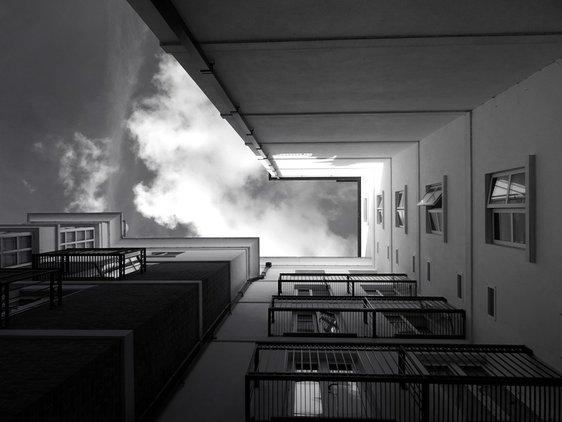 no people, light, city, staircase, railing, low angle shot, rear view, contemporary, steps and staircases, exterior, building, accidents and disasters