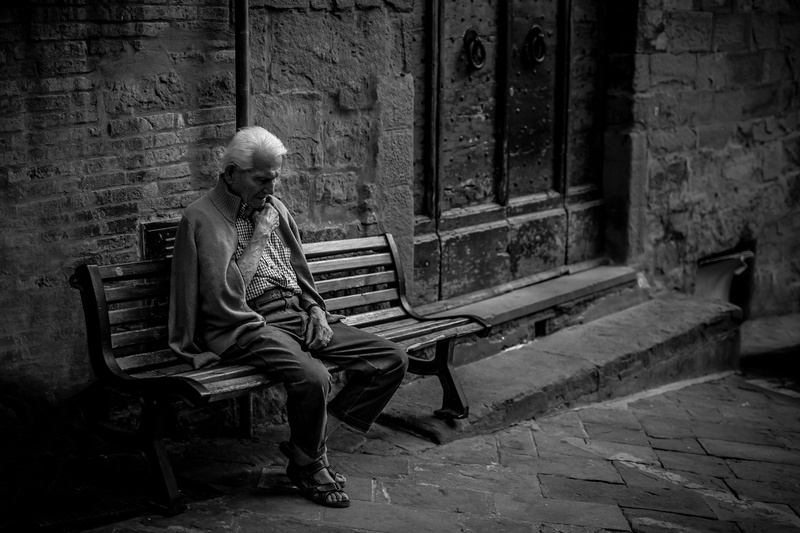 4K, park bench, senior adult, sit, furniture, chair, full length, one person, piano, walkway, sitting, italy, senior men, lifestyles, black and white