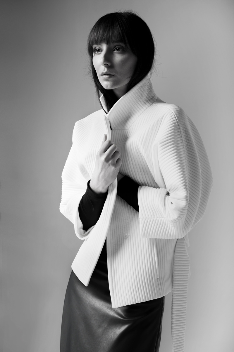 one, one person, isolated, indoors, bang, menswear, button down shirt, waist up, female, grown up, white, portrait, knitted, looking at camera, model, studio