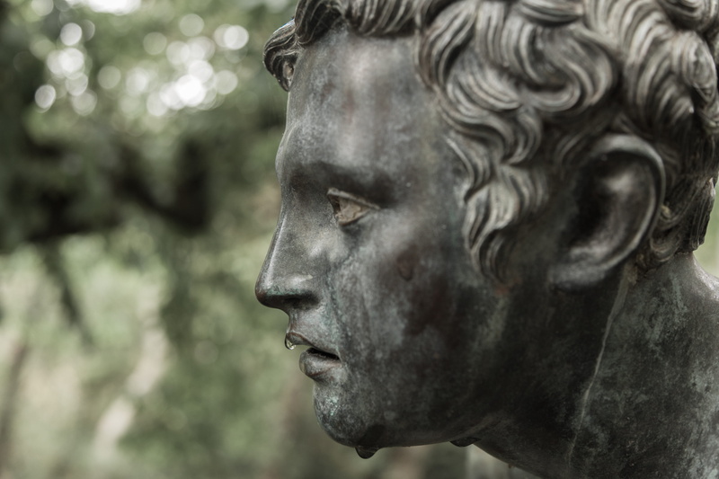 Statue, cast metal, contemplation, 5K, representation, droplet, male likeness, still, day, body part, man, craft, side view, boy, antique, focus on foreground
