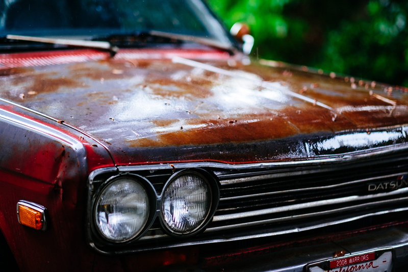 retro styled, nature, automobile, hot rod, light, datsun, rust, symbol, storm, chrome, weather, car, vehicle hood, orange, mode of transportation, close-up