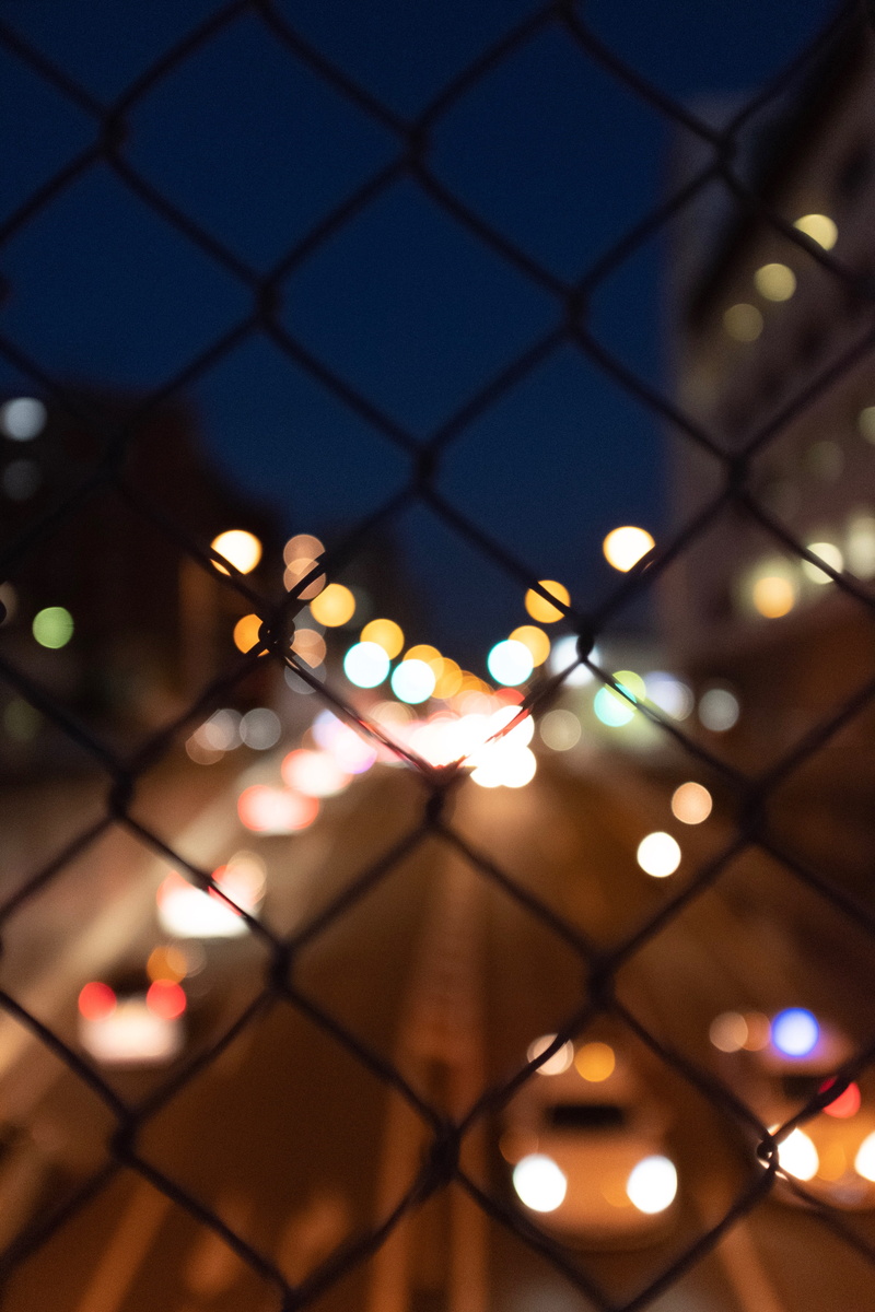 lamp post, grille, built structure, pattern, city, light, fence, outdoors, prison, dusk, selective, glowing, night, car, 4K, flare, traffic, home decor