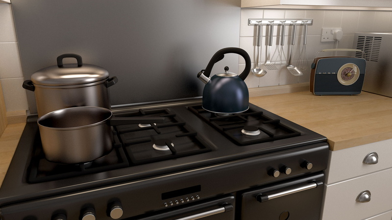no people, tea, countertop, stainless steel, domestic room, metal, Stove, oven, 3d, technology, home, home interior, gas, graphical, silver colored, kettle