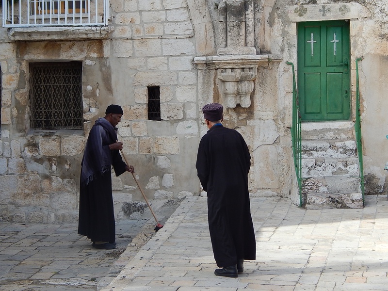 people, christian, architecture, traditional clothing, religious, priest, monastery, outdoors, monk, jerusalem, sepulchre, rear view, day, church, men