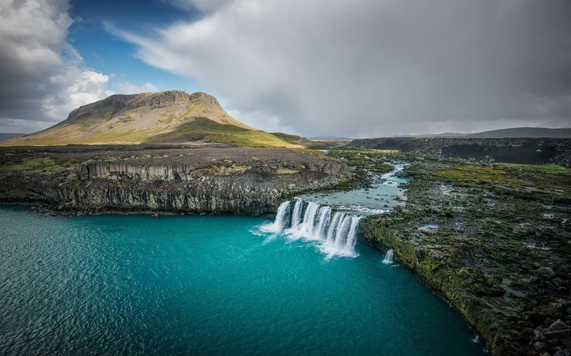1080P, water, fall, landscape, lake, field, clouds, cliff, turquoise, lava, river, Iceland, nature, waterfall, mountains