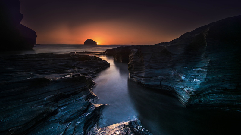 sunset, tourism, view, 4k, travel, England, cliff, 8K, sea, Trebarwith Strand, valley, 5k, 8k