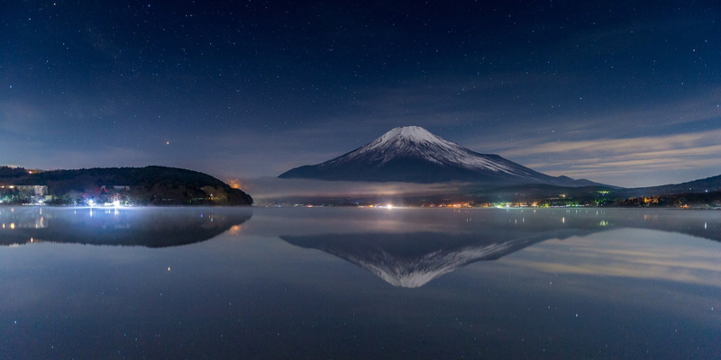 Japan, Snowy Peak, Mount Fuji, Lights, Starry Night, reflection, landscape, photography, volcano, nature, mist, 1080P, lake