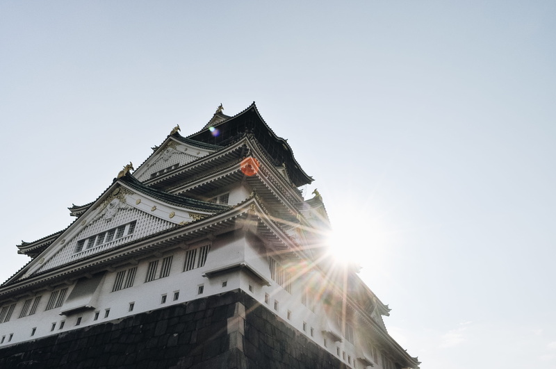 day, sunbeam, outdoors, religion, low angle view, city, sun, pagoda, no people, low, osaka castle, copy space, roof, building, tower, angle, gray, japan