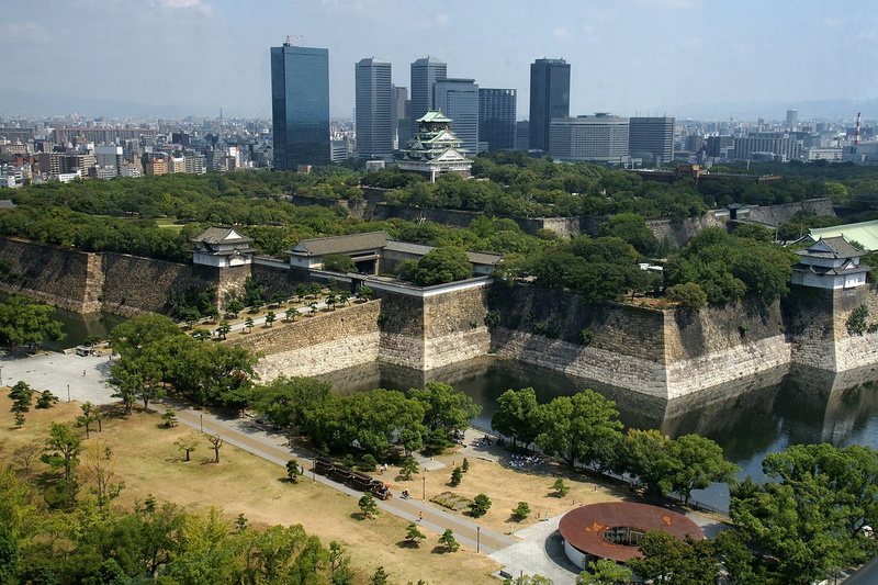 sky, modern, building exterior, outdoors, high angle view, no people, cityscape, built structure, architecture, osaka castle, skyscraper, 720P, landscape