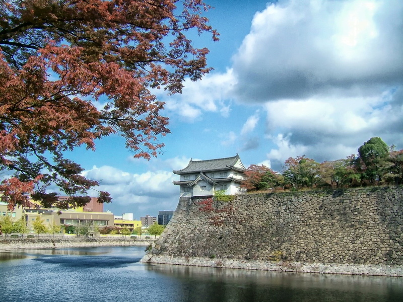 canal, river, temple, reflections, day, waterfront, famous, outside, tree, plant, water, osaka castle, architecture, spring, wall, building exterior, 1080P